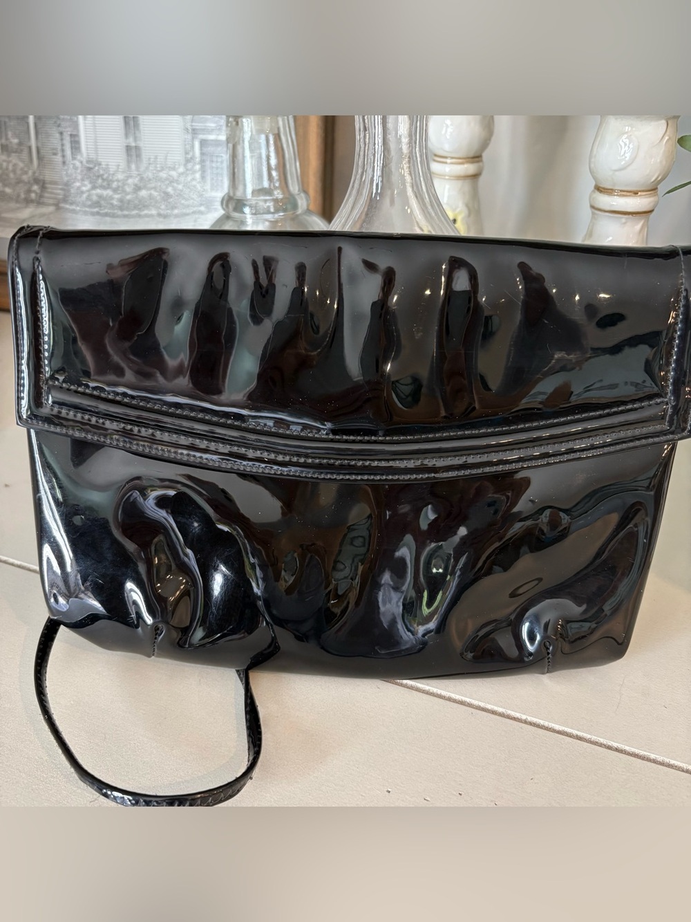 Mardane USA Vintage Black Patent Shoulder Clutch — Women’s Shiny Evening Bag